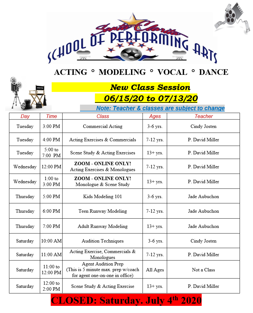 Weekly Class Schedule Santa Clarita School of Performing Arts Santa